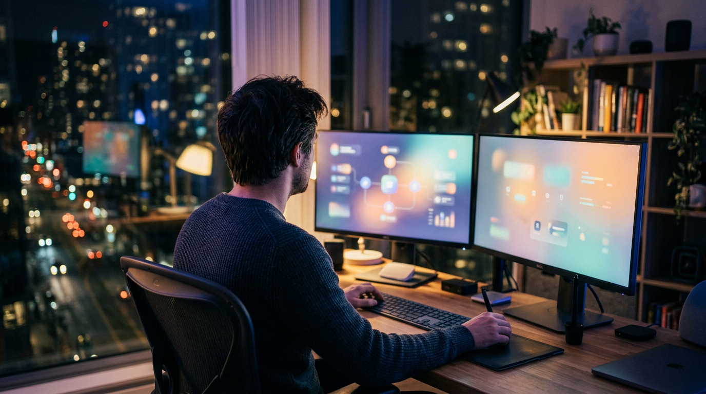 Header visual of freelancer working with AI tools at night